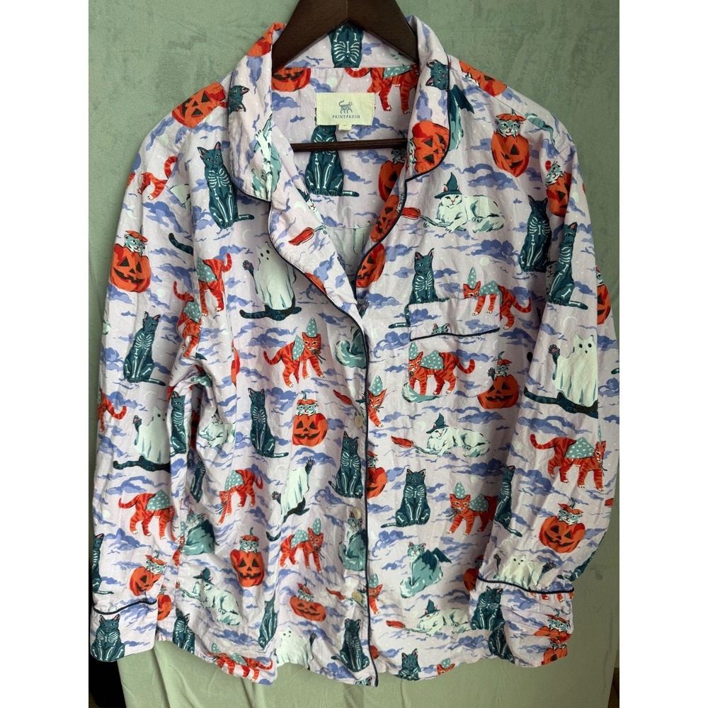 Printfresh Spooky Cats Pajama Top Womens XL Tall Purple Halloween Whimsy Organic